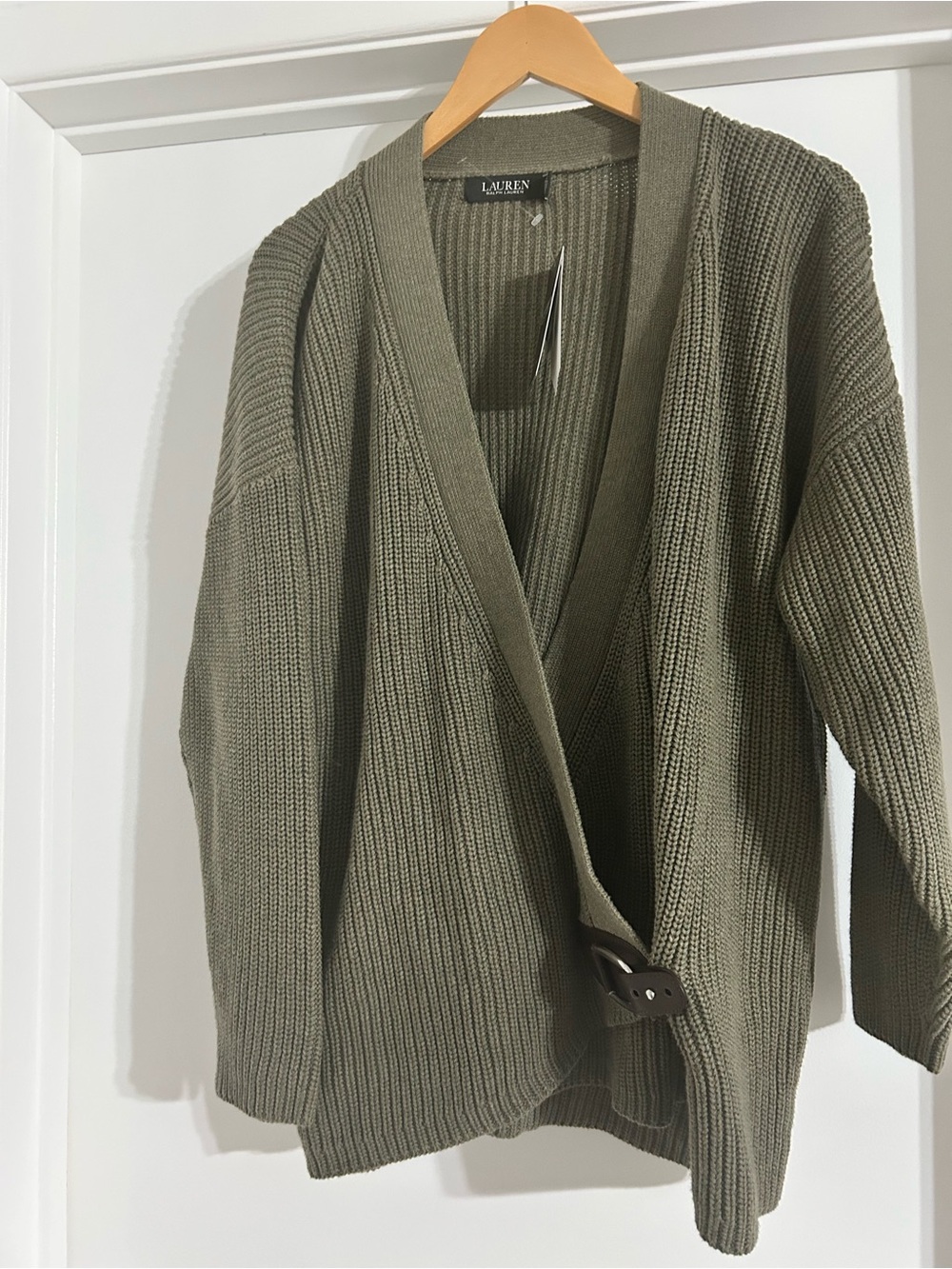Lauren Ralph Lauren Olive Green Ribbed Knit Cardigan with Buckle